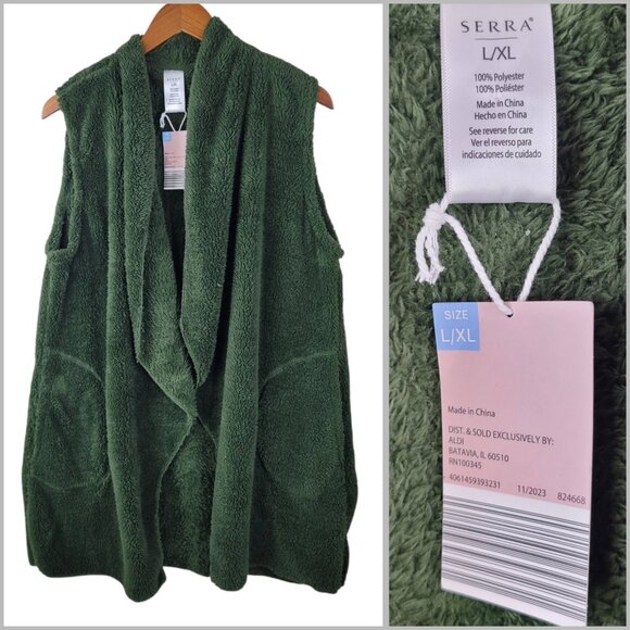 NEW Serra Vest Size Large XL Womens open front Fuzzy Fleece Green Warm Pockets - Picture 1 of 7